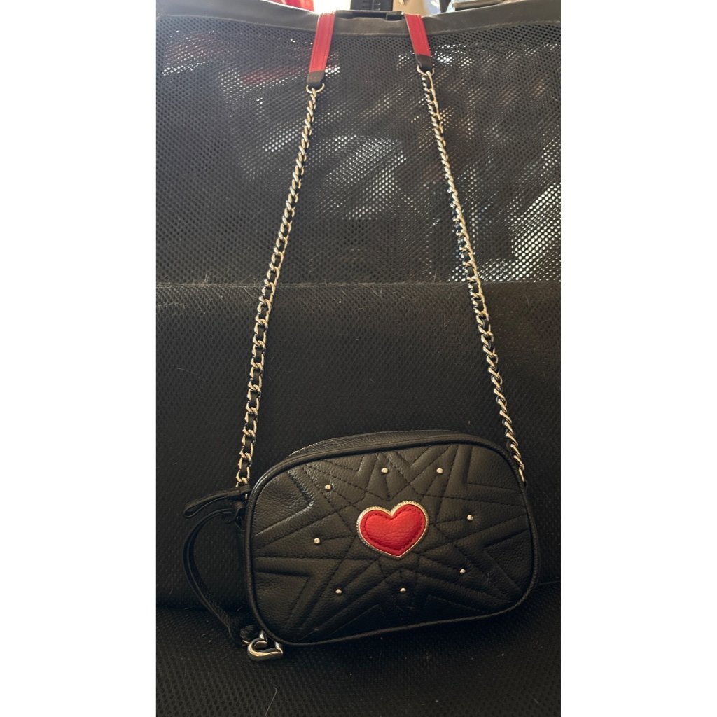 Brighton Cupid Mini Camera Bag Black Red Heart Leather Zippers Dust Bag Euc